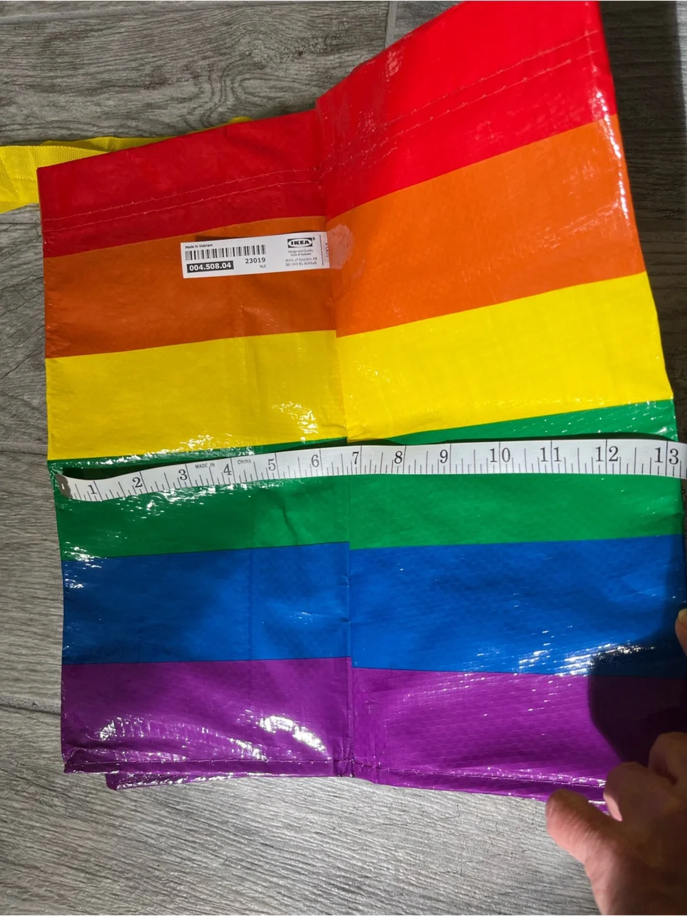IKEA Rainbow Striped Storage Tote Bag with Yellow Handles